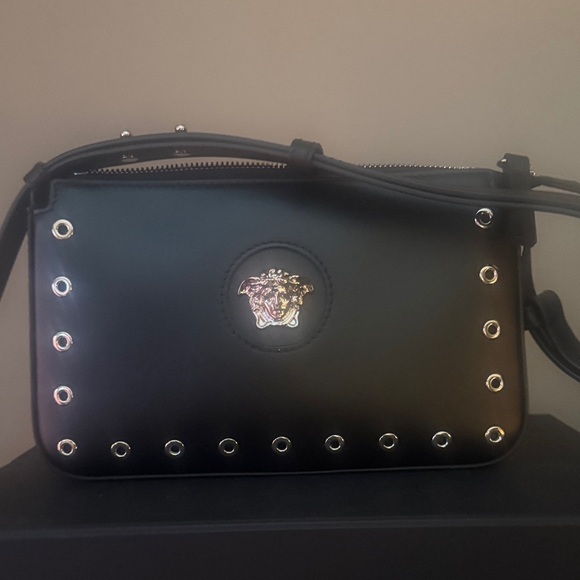Brand New Versace eyelets Medusa head calf leather black shoulder bag. - Picture 1 of 7
